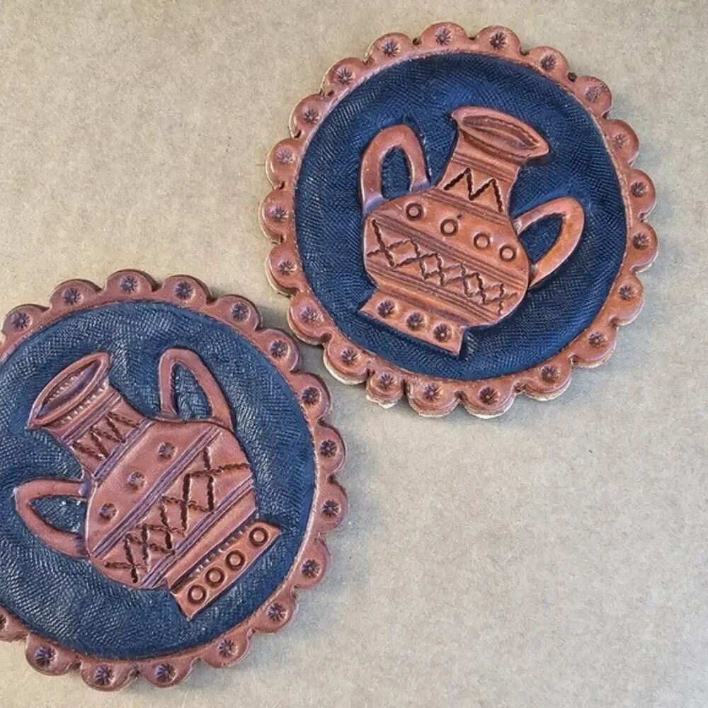 Hand‑Tooled Leather Coaster Set of 2 – Peruvian Water Jug Design